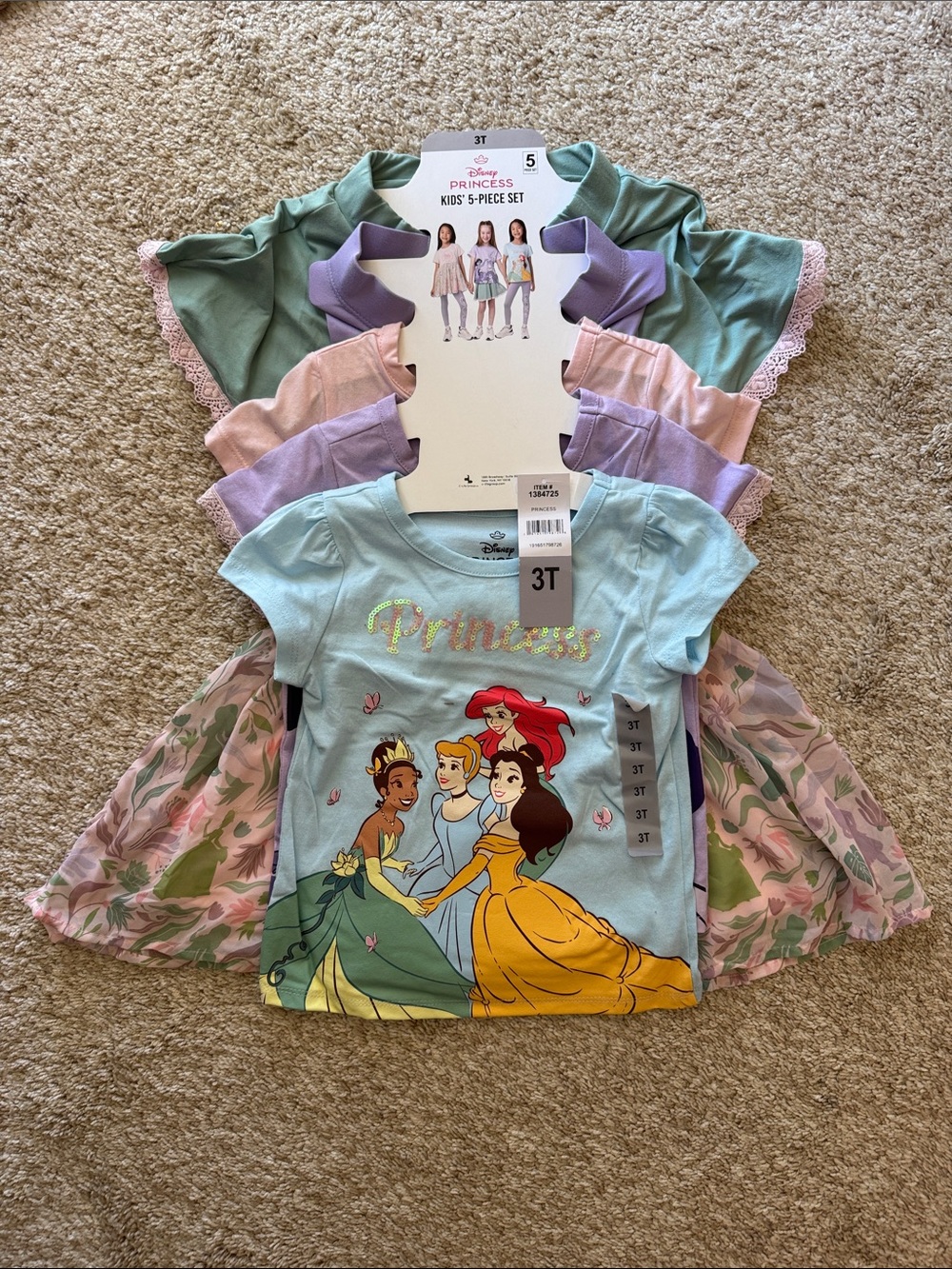 Disney Princess Girls 5-Piece Outfit Set - Light Blue, Green, Lavender, Pink
